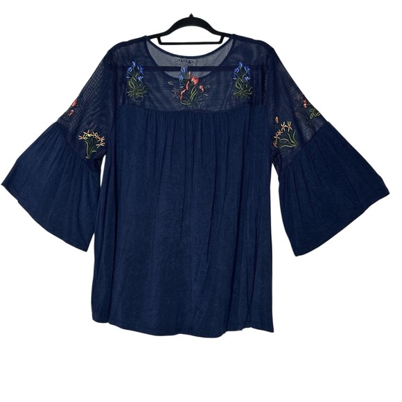 Studio JPR Tunic Top Women's 1X Plus Navy Boho 3/4‎ Sleeve Embroidered Stretch - Picture 2 of 9